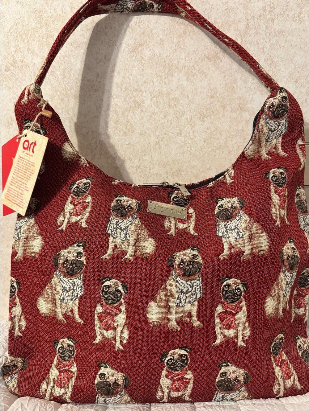 Red Pug-Print Shoulder Hobo Bag with Single Strap. NWT